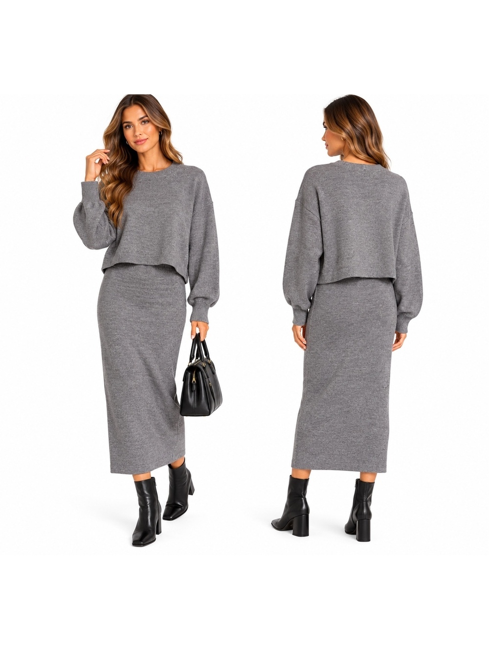 Zara Women's Knit Sweater and Skirt Set in Brown, Size L and M
